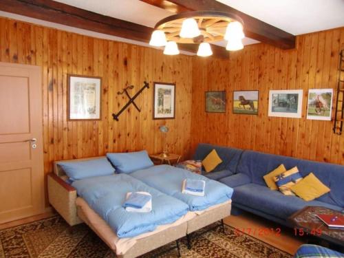 a living room with a blue couch and wooden walls at Ferienhaus Schöne in Lebbin in Groß Teetzleben