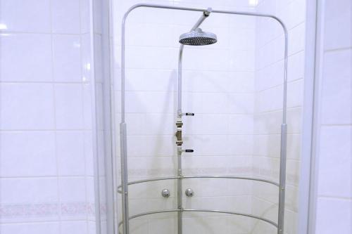 a shower with a glass door in a bathroom at Hotel Majestic in Águas de Lindóia