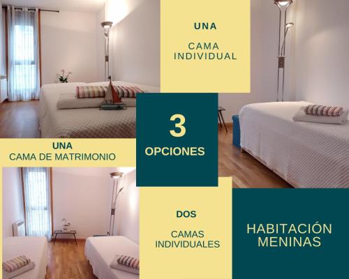 un collage de fotos de una habitación con 2 camas en A Coastine - alojamiento moderno para viajes de trabajo u ocio a Vigo y alrededores en Ponteareas