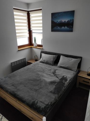 a large bed in a bedroom with two windows at Vila Secret Nest in Zlatibor