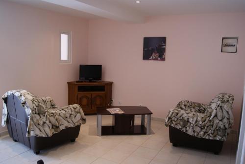 un salon avec deux chaises et une table et une télévision dans l'établissement La Berge Meublé de tourisme 2 étoiles, à Laroche-Saint-Cydroine