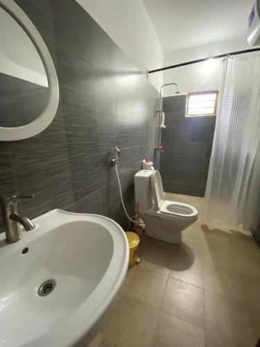 a bathroom with a sink and a toilet with a mirror at Menai Bay Beach Bungalows in Unguja Ukuu