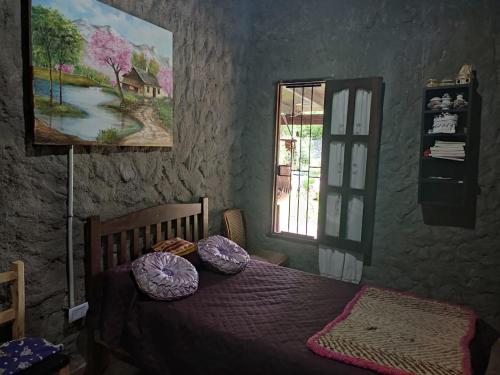 a bedroom with a bed with pillows and a window at Casa de Campo en Raco in Raco
