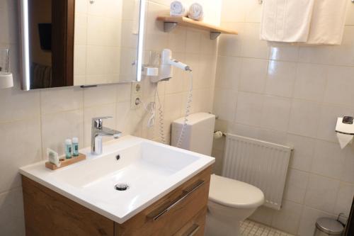 a bathroom with a sink and a toilet at GarniHotel - Arberblick in Lohberg