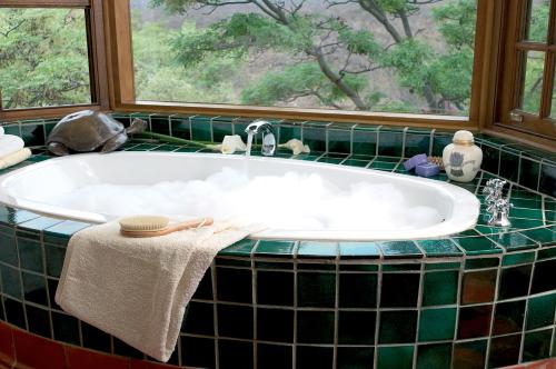 a bath tub in a bathroom with a window at Jembisa Bush Home in Melkrivier