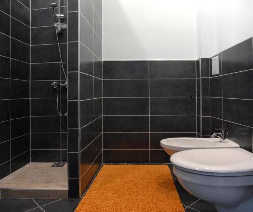 ブダペストにあるCentral Apartmentのバスルーム(トイレ、黒いタイル張りのシャワー付)