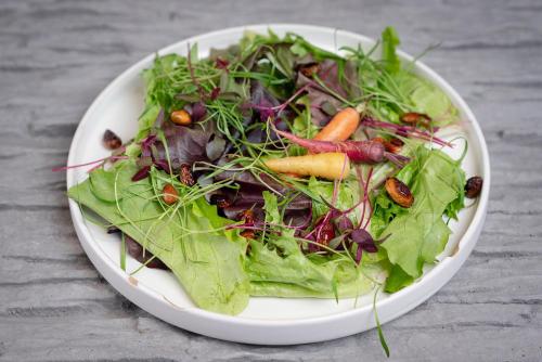 a white plate of salad with carrots and lettuce at Mamallacta Páramo Lodge in Papallacta