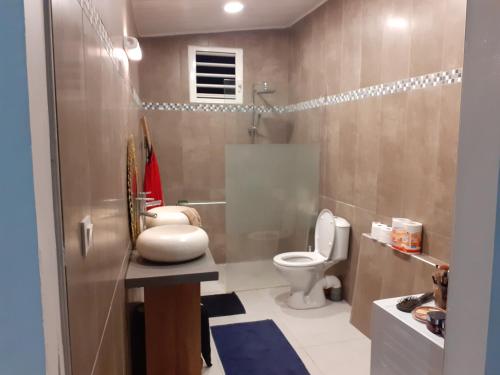 a bathroom with a toilet and a shower at Chambre chez l'habitant avec piscine privative et vue panoramique sur la mer des caraïbes in Desmarinières