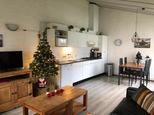 a living room with a christmas tree and a kitchen at Vakantiebungalow nr 7 in het Heuvelland in Simpelveld