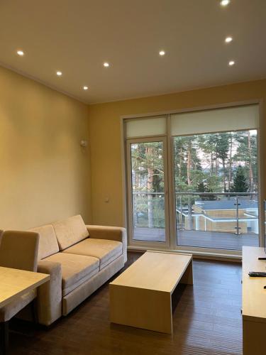 Green Gold Park في Selishche: غرفة معيشة مع أريكة ونافذة كبيرة
