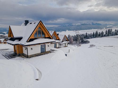 a house is covered in snow in the mountains at Osada Wichrówka in Dursztyn