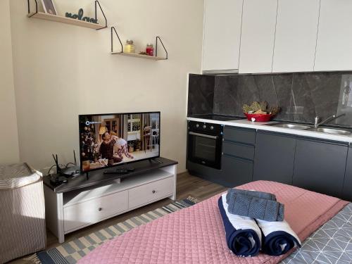 uma cozinha com uma televisão de ecrã plano num balcão em Lovely one bedroom studio in Tirana em Tirana