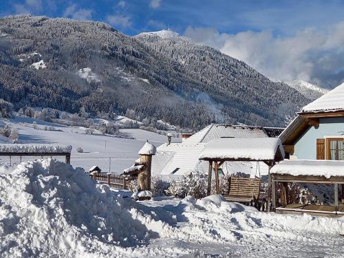 a snow covered house with a fire hydrant in the snow at Hansalagut in Mauterndorf