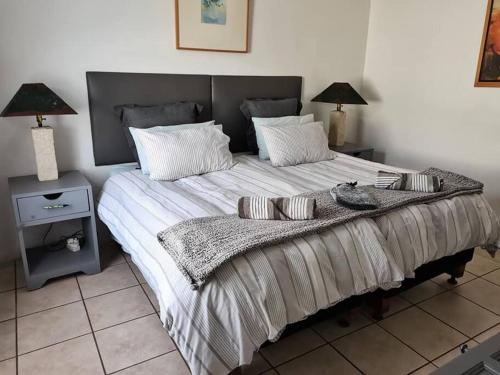 a bedroom with a large bed with a cat sitting on it at Agulhas Heights in Agulhas