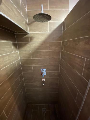 een douche met bruin betegelde muren en een plafond bij Chardak Apartment Sarajevo in Sarajevo