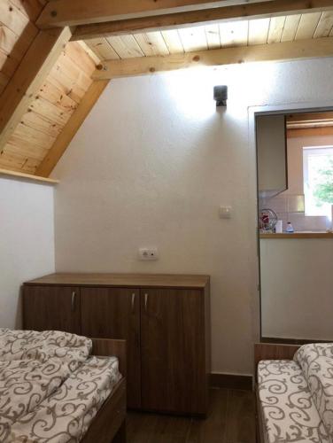 a room with two beds and a mirror at Planinska kuca ANDJELA 1 in Mitrovac