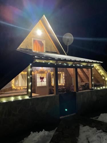 a house lit up at night with lights at Planinska kuca ANDJELA 1 in Mitrovac