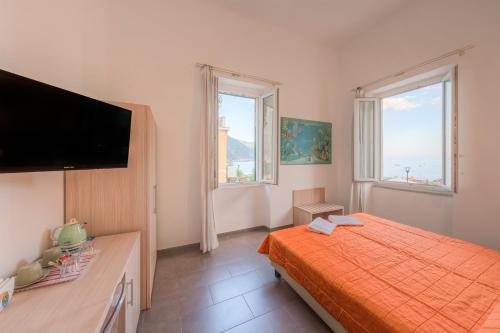 a bedroom with a bed and a flat screen tv at Affittacamere Da Flo in Monterosso al Mare