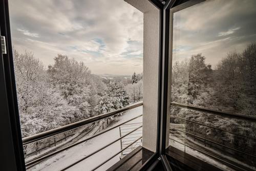 a window with a view of snow covered trees at KROSNA92 in Krosna