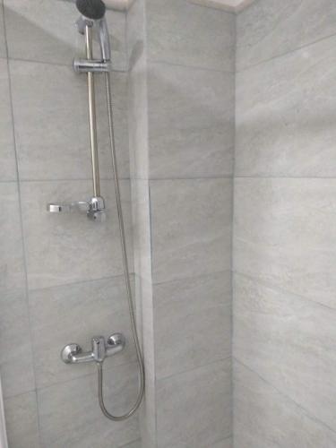 a shower with a glass door in a bathroom at LA CASA DE COCO ALOJAMIENTO TURÍSTICO in Dina Huapi