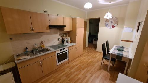 a kitchen with wooden cabinets and a table and a kitchen with a sink at Ferienwohnung Bonese in Bonese