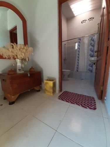 a bathroom with a shower and a red rug at CASITA HOGAREÑA JARABACOA (independent entrance) in Jarabacoa