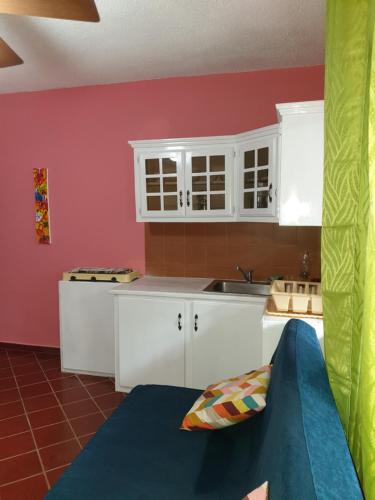 PLAYA BLANCA BED AND BREAKFAST في باياهيب: مطبخ بجدران حمراء ودواليب بيضاء