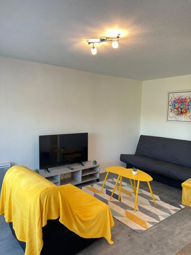 ein Wohnzimmer mit einem Sofa und einer gelben Decke in der Unterkunft Superbe Studio en résidence proche de la Mer in Cagnes-sur-Mer