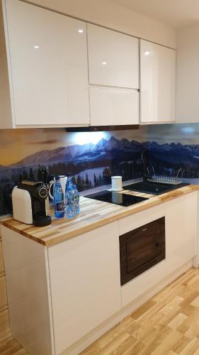 a kitchen with white cabinets and a counter top at Villa Fortuna - Regionalne apartamenty & SPA - Sauna, Grill, Jacuzzi z widokiem na Tatry in Zakopane