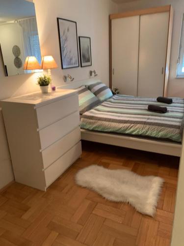 a bedroom with a bed with a dresser and a rug at Šarmantni apartman Malecka 2 in Zagreb