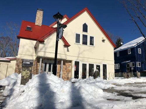 a house with a street light in the snow at 白樺湖ペンションロック in Chino