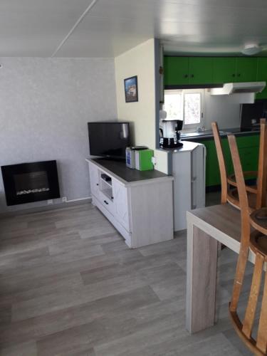 une cuisine avec des placards verts et un comptoir dans l'établissement Mobilhome, à Pornic