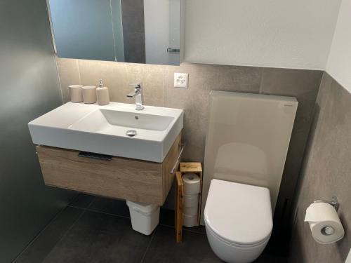 ein Badezimmer mit einem weißen Waschbecken und einem WC in der Unterkunft Apartment Lauber, Haus Wichje A, Zermatt in Zermatt
