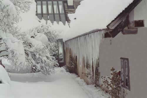 a house covered in snow with icicles hanging from it at WALD-LAND-HOF Schloss Rosenau in Schloss Rosenau