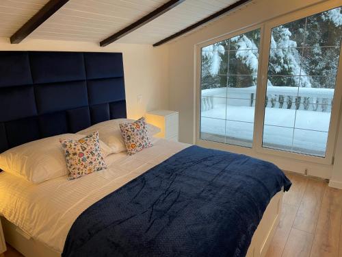 a bedroom with a large bed with a large window at Osada Parkowa, Kaszuby in Mściszewice