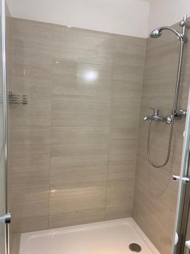 baño con ducha y puerta de cristal en Gemütliche Ferienwohnung EVIELINE in Todtnau, en Todtnau