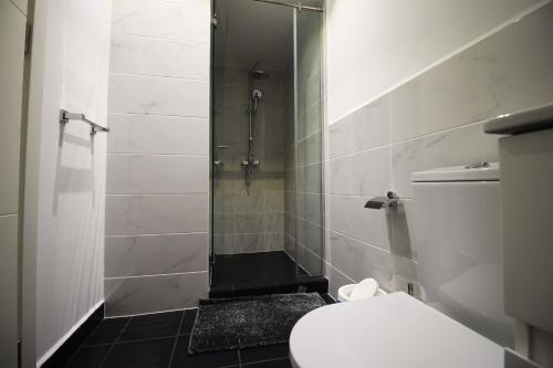 a bathroom with a shower and a toilet in it at APARTMENTS GH - Accra - Cantonments - Embassy Gardens in Accra