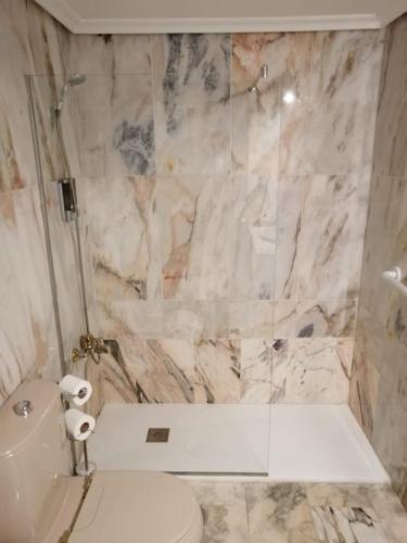 a bathroom with a toilet and a marble wall at Los patios “ El Carmen” in Córdoba