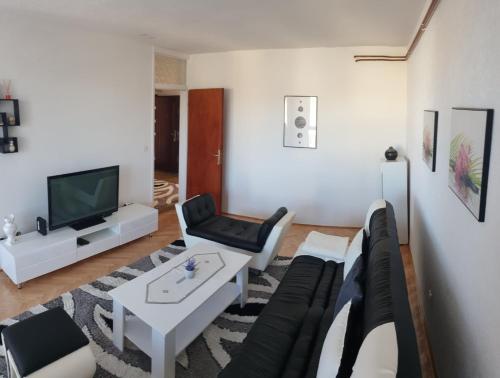 ein Wohnzimmer mit einem Sofa und einem TV in der Unterkunft Apartman Hana in Sanski most