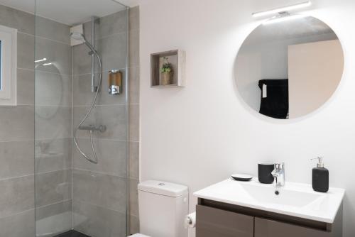 ein Bad mit einer Dusche, einem Waschbecken und einem Spiegel in der Unterkunft Bel appartement idéalement placé Saint-Brieuc, wifi, parking gratuit in Saint-Brieuc