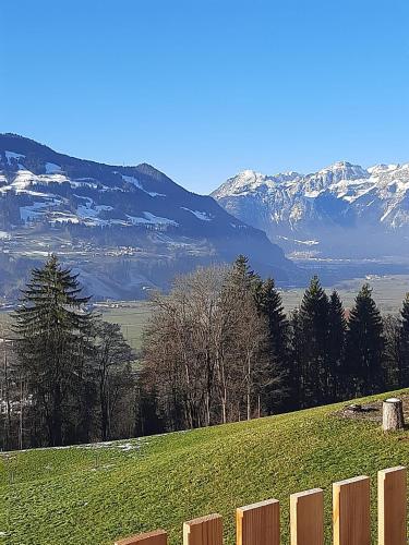 a fence in a field with mountains in the background at Apart Leonie in Hart im Zillertal