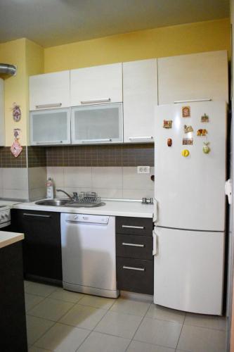 Una cocina con un refrigerador blanco y un fregadero. en Apartman Sara 2, en Podgorica