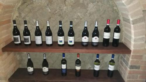 a bunch of wine bottles lined up on a wall at Cà del Crutin in Monteu Roero