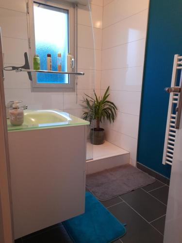 a bathroom with a sink and a window at Superbe appartement in Saint-Quay-Portrieux