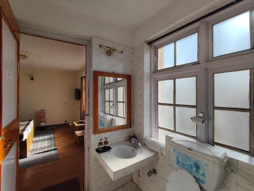 a bathroom with a sink and a toilet and a mirror at Snow Lion Ladakh in Leh