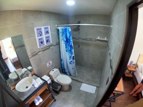 a bathroom with a shower and a toilet and a sink at Shark Town Mal Pais in Santa Teresa Beach