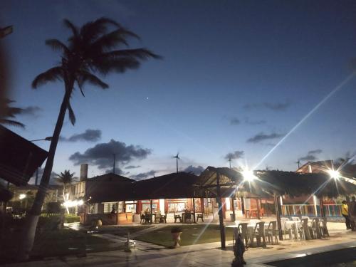 a palm tree in front of a building at night at HOTEL DAS FALESIAS in Beberibe