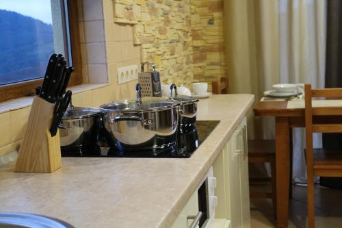 a kitchen with a stove with three pots on it at West Wood ApartHotel in Knyagynya