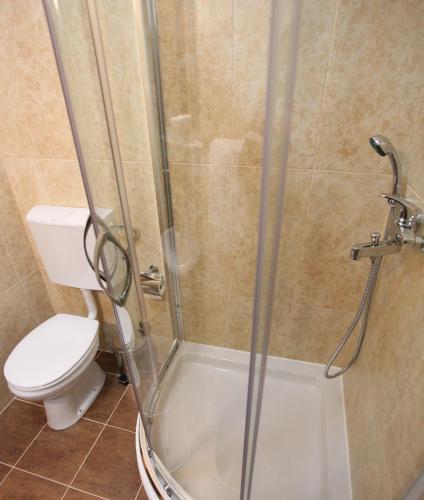 a bathroom with a toilet and a glass shower at Hotel Laguna in Podgorica