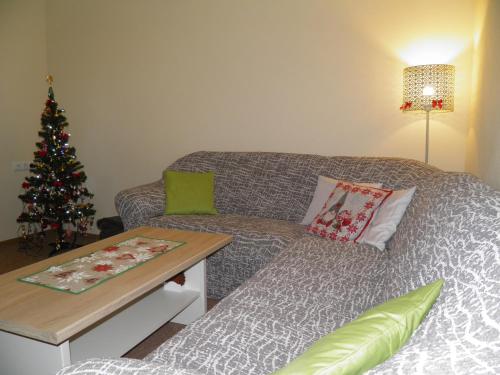 a living room with a christmas tree and a couch at Privat Kovacova in Žiar